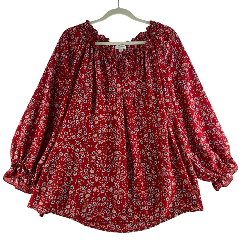 Max‎ Studio Plus 1X Top Red Floral Peasant Blouse Boho Cottagecore Flowy Women's